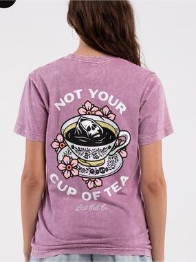 CO Lavender Graphic Tee with Teacup Skull and Floral Art
